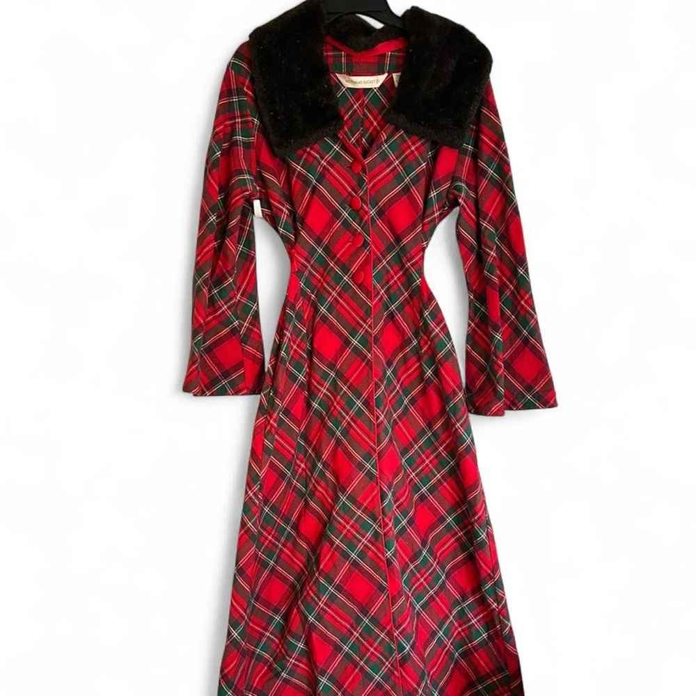 Victoria's Secret Red Plaid Pea Coat with Fur Collar